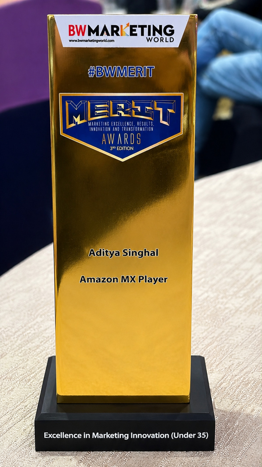 BW MERIT Awards trophy for Aditya Singhal — Excellence in Marketing Innovation Under 35, Amazon MX Player