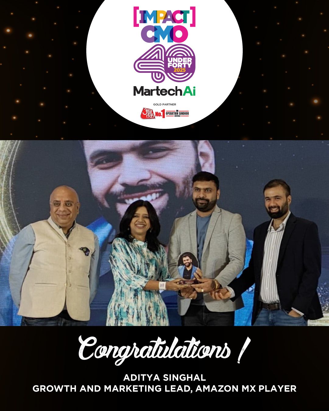 Aditya Singhal receiving the IMPACT CMO 40 Under Forty 2025 award on stage